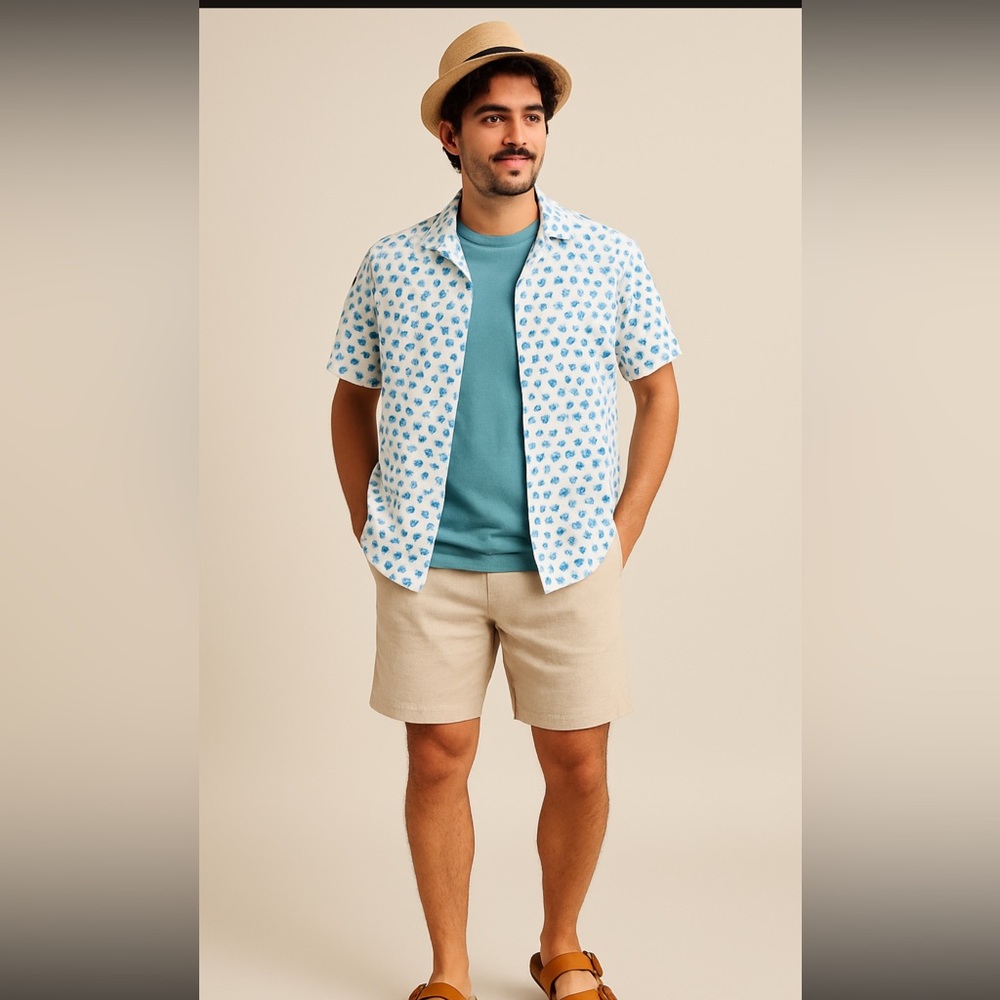 Mix & NY Men’s Rayon Short Sleeve Button-Up Shirt | Size L | Blue Fish Print |